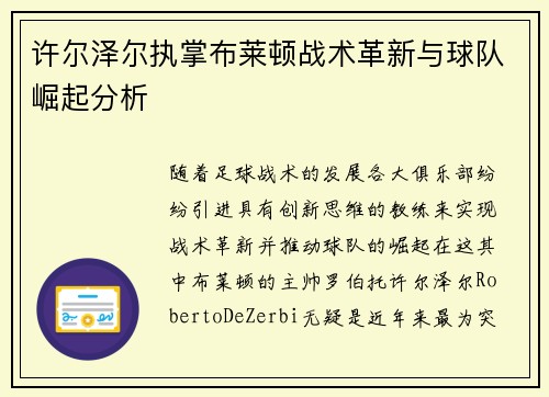 许尔泽尔执掌布莱顿战术革新与球队崛起分析