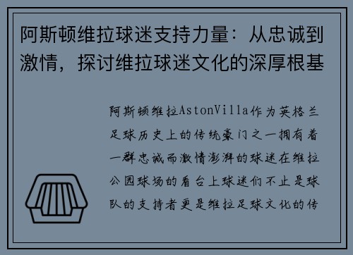 阿斯顿维拉球迷支持力量:从忠诚到激情,探讨维拉球迷文化的深厚根基 阿斯顿维拉球迷支持力量:从忠诚到激情,探讨维拉球迷文化的深厚根基