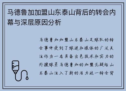 马德鲁加加盟山东泰山背后的转会内幕与深层原因分析 马德鲁加加盟山东泰山背后的转会内幕与深层原因分析