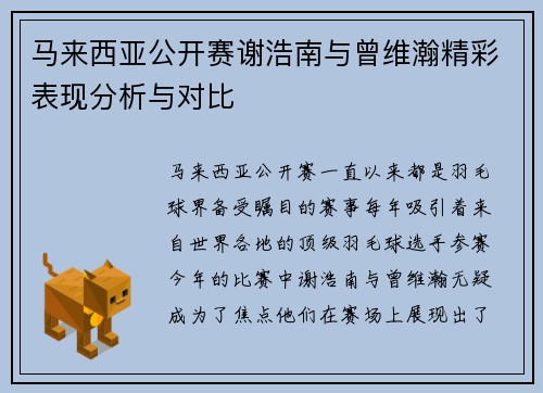 马来西亚公开赛谢浩南与曾维瀚精彩表现分析与对比 马来西亚公开赛谢浩南与曾维瀚精彩表现分析与对比