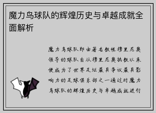魔力鸟球队的辉煌历史与卓越成就全面解析 魔力鸟球队的辉煌历史与卓越成就全面解析