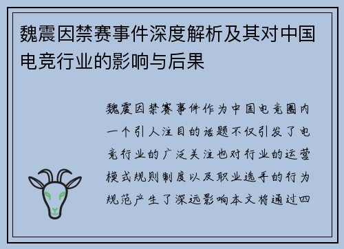 魏震因禁赛事件深度解析及其对中国电竞行业的影响与后果
